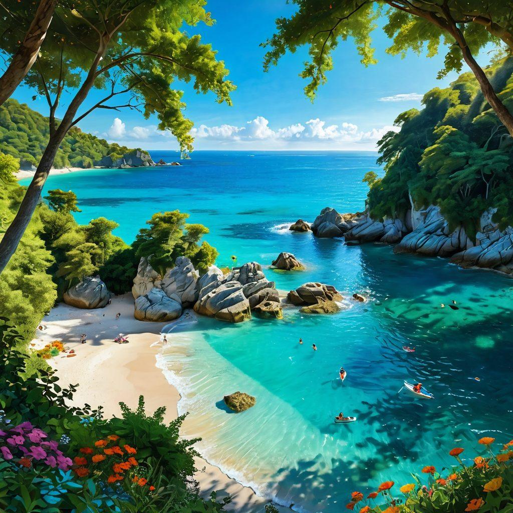 A serene landscape featuring a hidden gem, such as a secluded beach with crystal-clear turquoise waters, surrounded by lush greenery and vibrant flowers. In the foreground, a diverse group of friends joyfully exploring the area, capturing happy moments. Enchanting sunlight filtering through the trees, creating a magical atmosphere. super-realistic. vibrant colors. dreamy background.