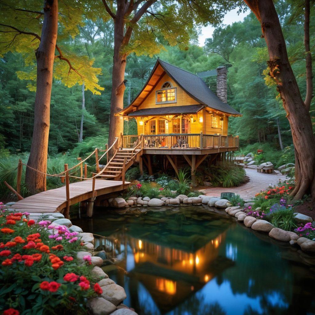 A whimsical landscape featuring a blend of private retreats and fantasy hideaways, with cozy cabins nestled in vibrant forests, serene beaches with hammocks, and luxurious treehouses. Enchanted elements like floating lanterns in the trees and colorful flowers add a magical touch. Soft, dreamy lighting bathes the scene, inviting discovery and relaxation. fairy-tale style, vibrant colors, and a touch of surrealism.