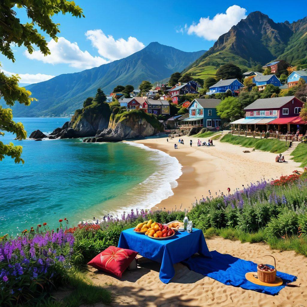 A picturesque landscape showcasing diverse happy places: a sunlit beach with people enjoying a picnic, a serene mountain village bustling with joyful locals, and a vibrant farmers market filled with colorful fruits and flowers. Incorporate elements of community and shared joy, such as families laughing together and friends dancing. Emphasize warm, inviting colors and a bright blue sky. vibrant colors. super-realistic. lush details.